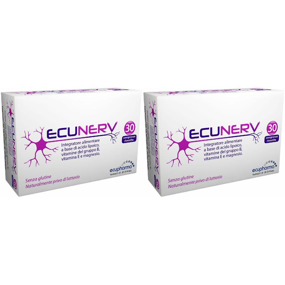 Due scatole bianche ECUNERV, 30 compresse. Testo: Integratore alimentare, senza glutine, naturalmente privo di lattosio.