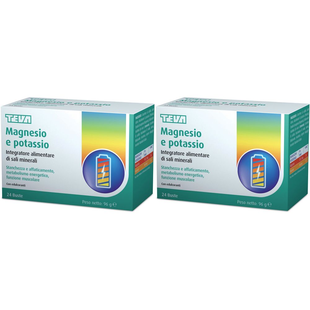 Due confezioni di TEVA Magnesio e Potassio. Ogni confezione presenta un logo a batteria.