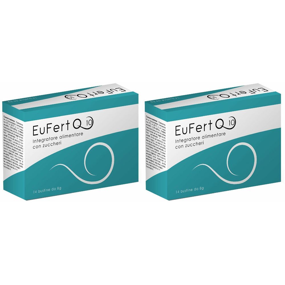 Due scatole EuFert Q10. Confezione turchese e bianca con informazioni sul prodotto e motivo a onda.