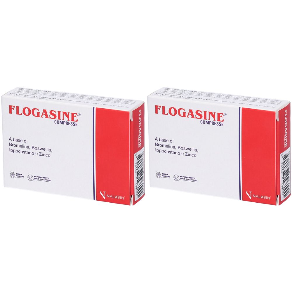 Due confezioni di Flogasine Compresse. Contiene: Bromelina, Boswellia, Ippocastano e Zinco. Marchio: Nalken.