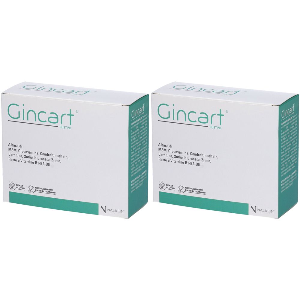 Due scatole bianche "Gincart". Scritta in italiano. Confezione verde e bianca.