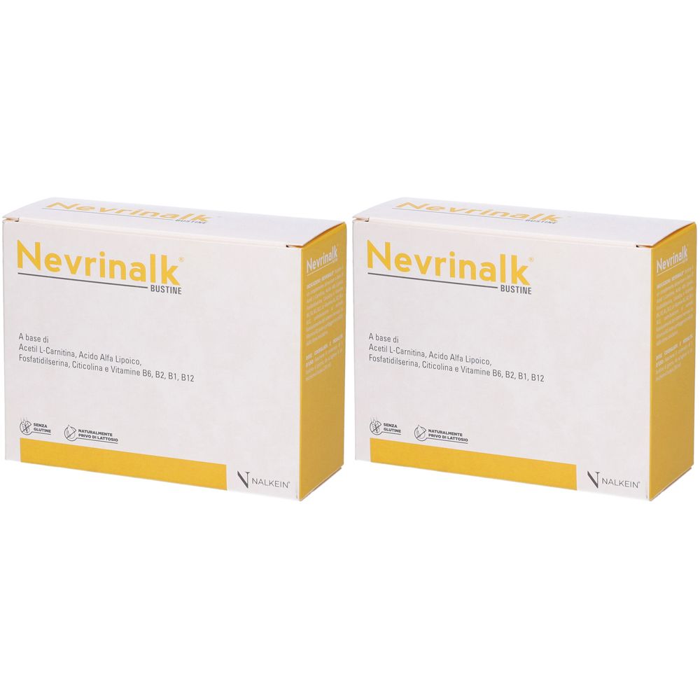 Due scatole bianche con dettagli gialli. Scritta: Nevrinalk Bustine. Testo sottostante.