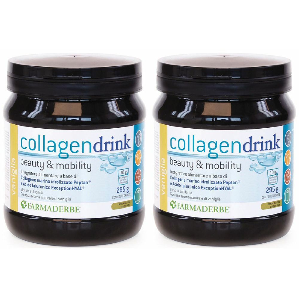 Due barattoli neri con la scritta "collagendrink beauty & mobility". Scritta "FARMADERBE".