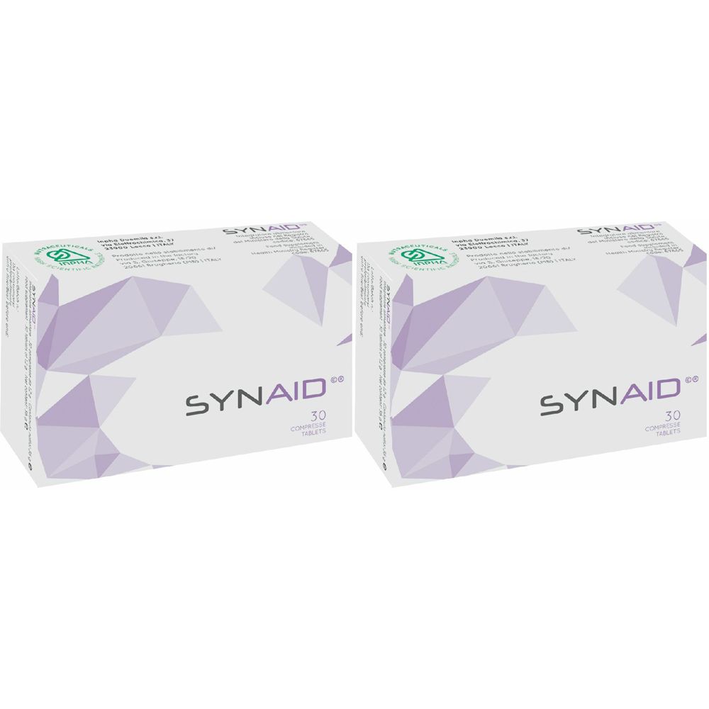 Due scatole con la scritta "SYNAID". Ogni scatola contiene 30 compresse. Sulla confezione è presente un logo.