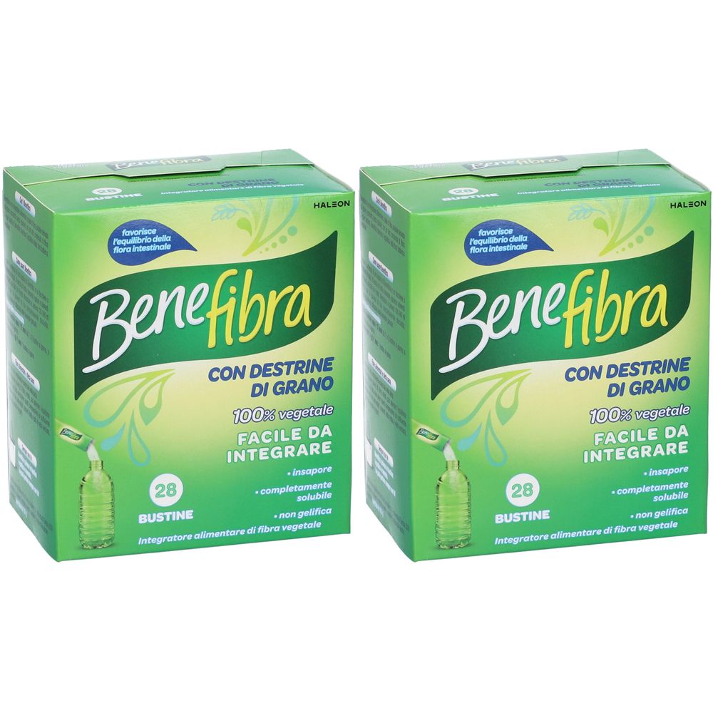 Due scatole verdi Benefibra. Testo: Con destrine di grano, 100% vegetale, facile da integrare. 28 Bustine.