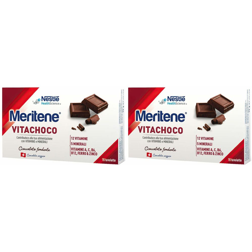 Due confezioni di Meritene Vitachoco. Scritta: 12 vitamine, 5 minerali, vitamine A, C, B6, B12, ferro e zinco. Cioccolato fondente.