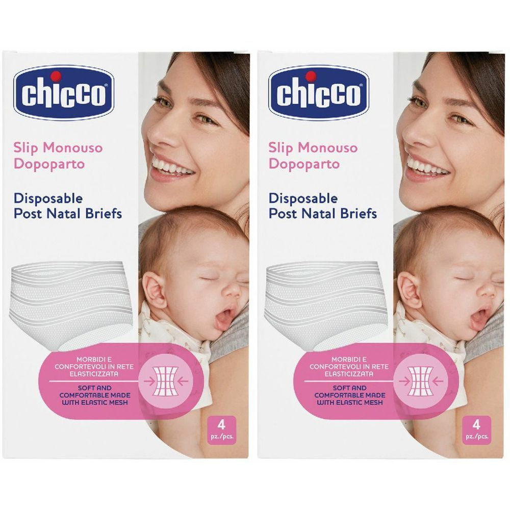 Confezione con due pacchi di slip post-parto usa e getta. Marchio Chicco, testo: Slip Monouso Dopoparto, 4 pezzi per confezione.