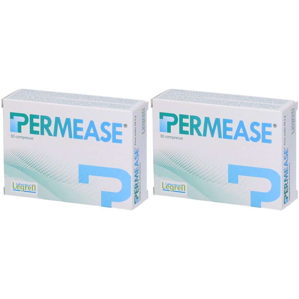 Due scatole bianche con la scritta "PERMEASE". Scritta "30 compresse" e logo "Legren".