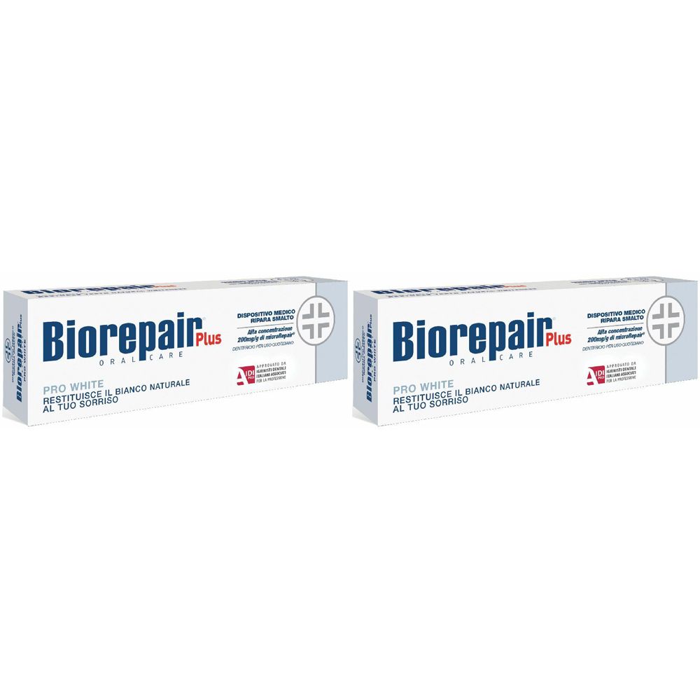 Due confezioni bianche con "Biorepair Plus". Testo: "Pro White, restituisce bianco naturale al tuo sorriso".