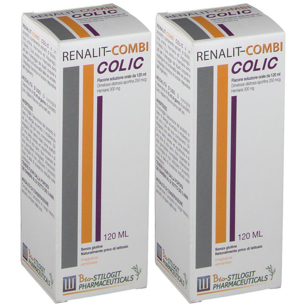 Due scatole bianche RENALIT-COMBI COLIC. Strisce arancioni e viola. 120 ml. Bio-Stilogit Pharmaceuticals.