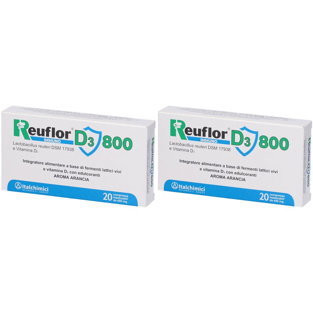 Due scatole bianche con la scritta Reuflor D3 800. Ogni scatola indica "20 compresse".