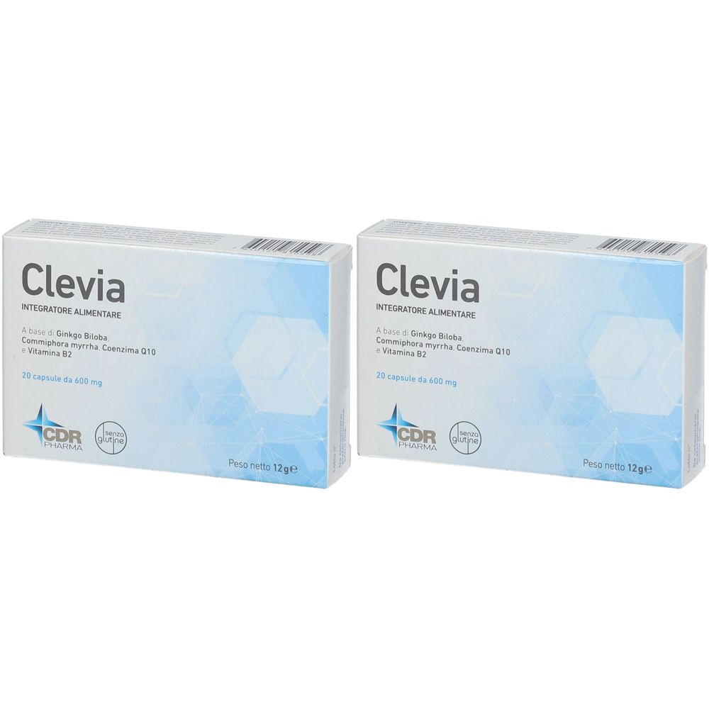 Due confezioni di Clevia. Scritta: Integratore Alimentare. Ingredienti e logo visibili.