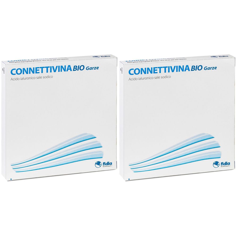 Due scatole bianche con scritta blu: CONNETTIVINA BIO Garze. Sotto: Acido ialuronico sale sodico. Logo: Fidia.