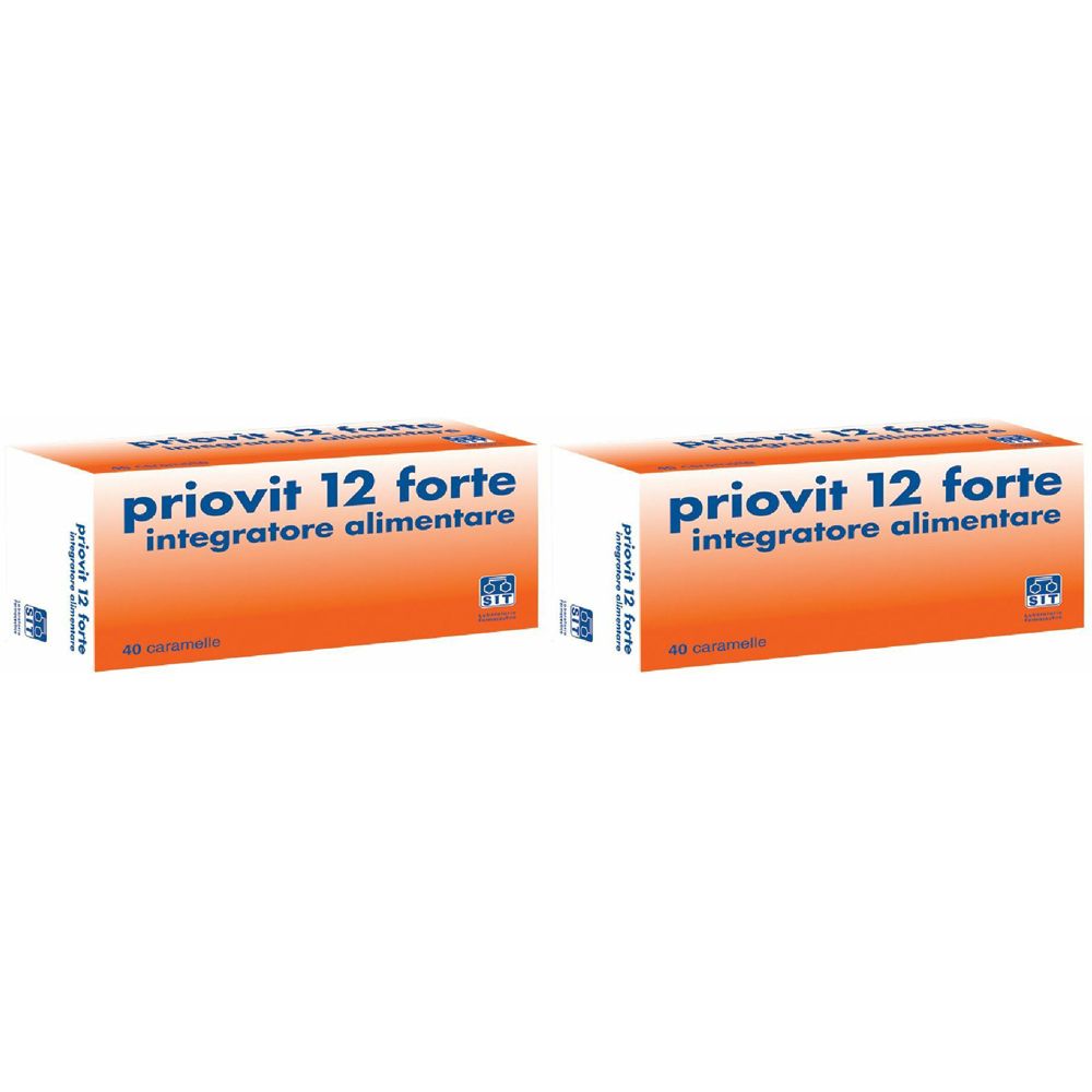 Due scatole rettangolari. Scritta: priovit 12 forte, Integratore alimentare. Sfondo arancione, testo bianco.
