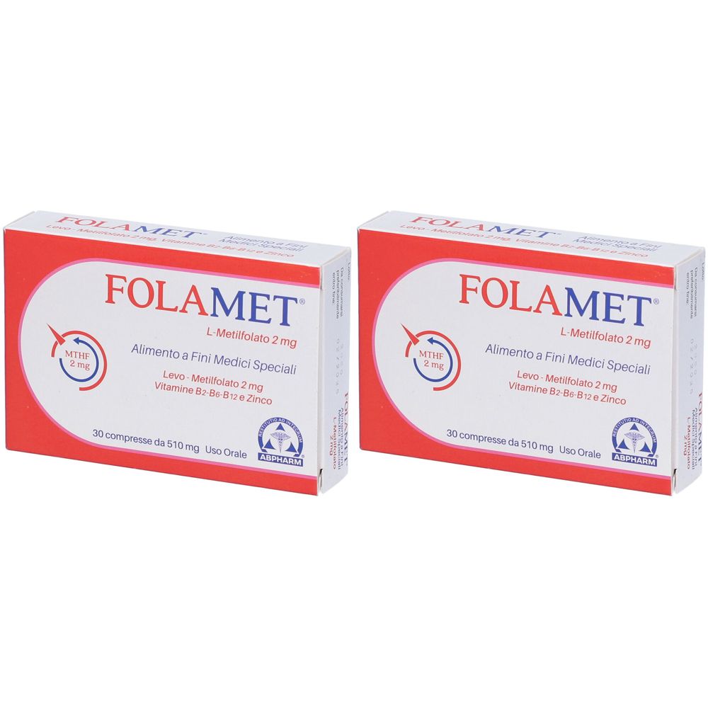 Due scatole rettangolari. Scritta FOLAMET, L-Metilfolato 2 mg, Alimento a Fini Medici Speciali. 30 compresse.