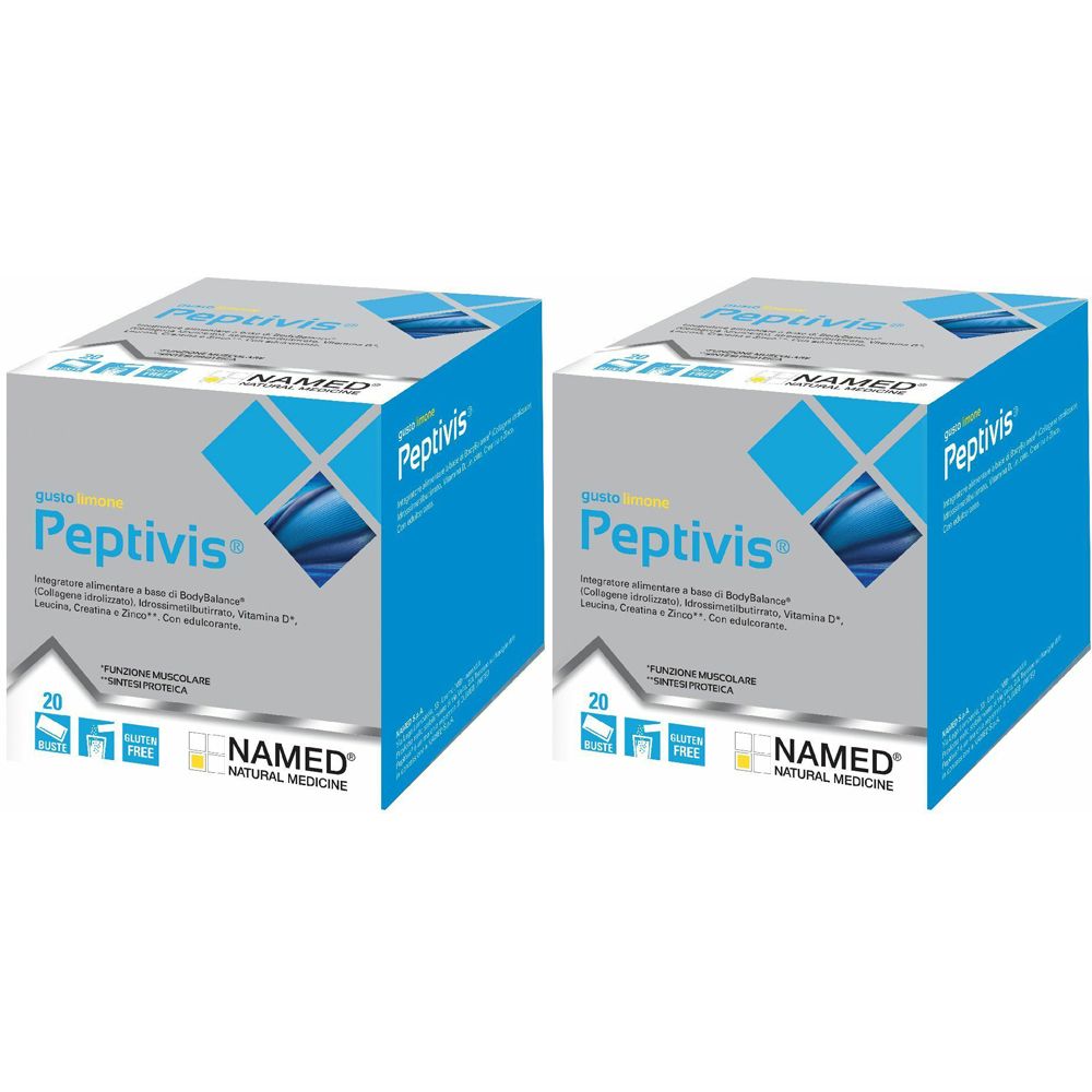 Due scatole quadrate Peptivis. Confezione blu e bianca con testo e logo NAMED Natural Medicine. Contiene 20 bustine.