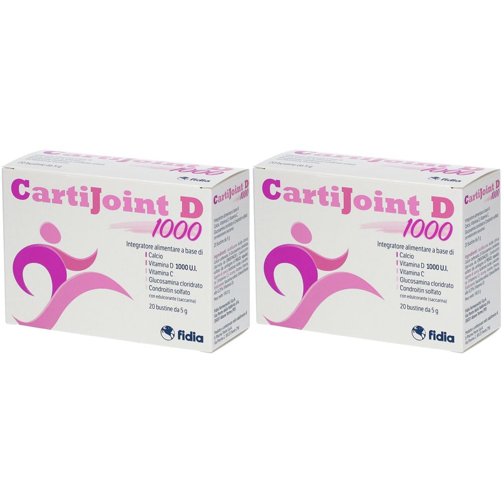 Due scatole di CartiJoint D 1000. Logo rosa e testo. Contiene calcio, vitamina D, vitamina C, glucosamina e condroitina. Marchio Fidia.