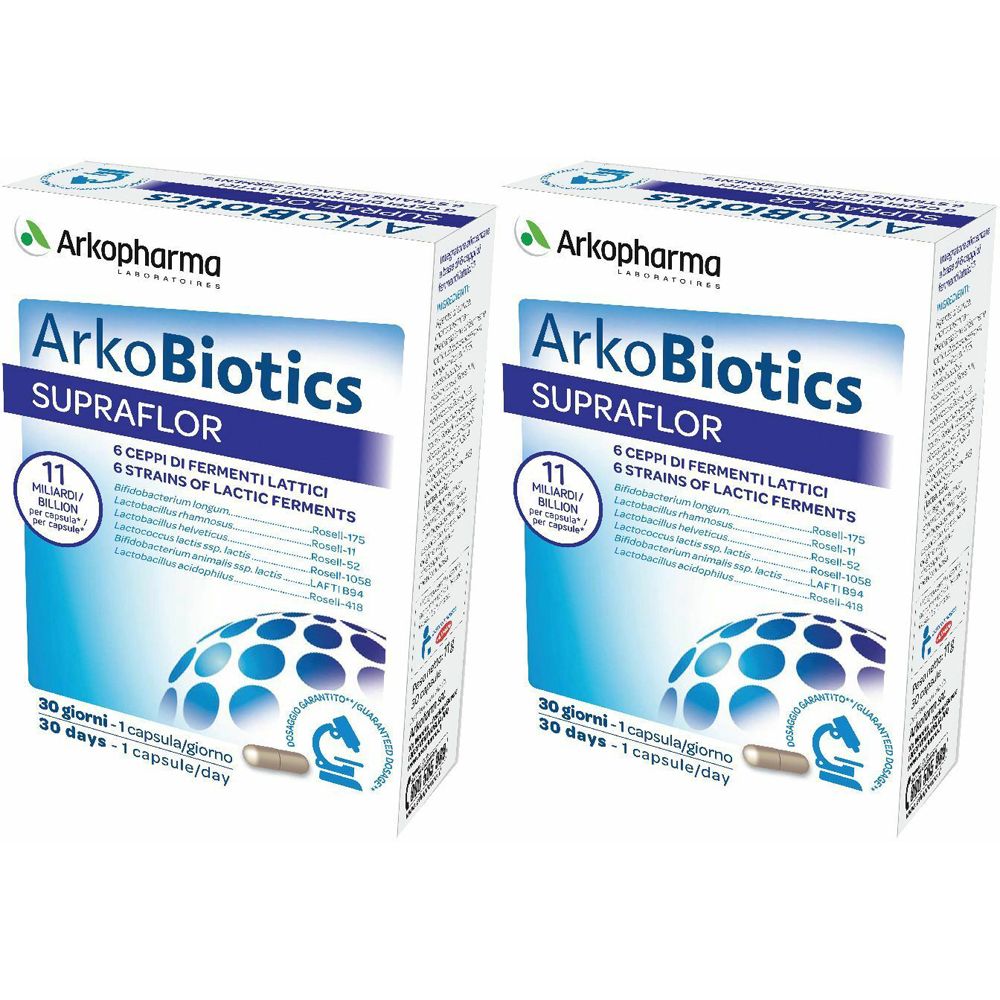 Due confezioni Arkopharma ArkoBiotics Supraflor. Scritta: 11 miliardi, 6 ceppi di fermenti lattici. 30 capsule.