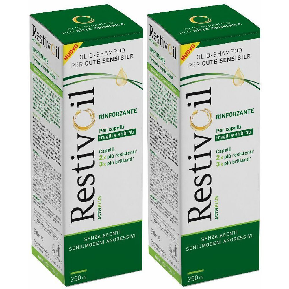 Due confezioni di shampoo Restivoil Activ Plus. Scritta: Olio-Shampoo, Rinforzante, per cute sensibile e capelli fragili.