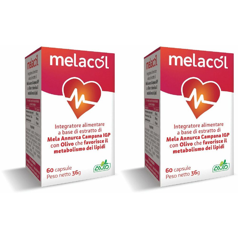 Due scatole "melacol". Confezione rossa e bianca con logo a cuore e testo. Contiene 60 capsule.