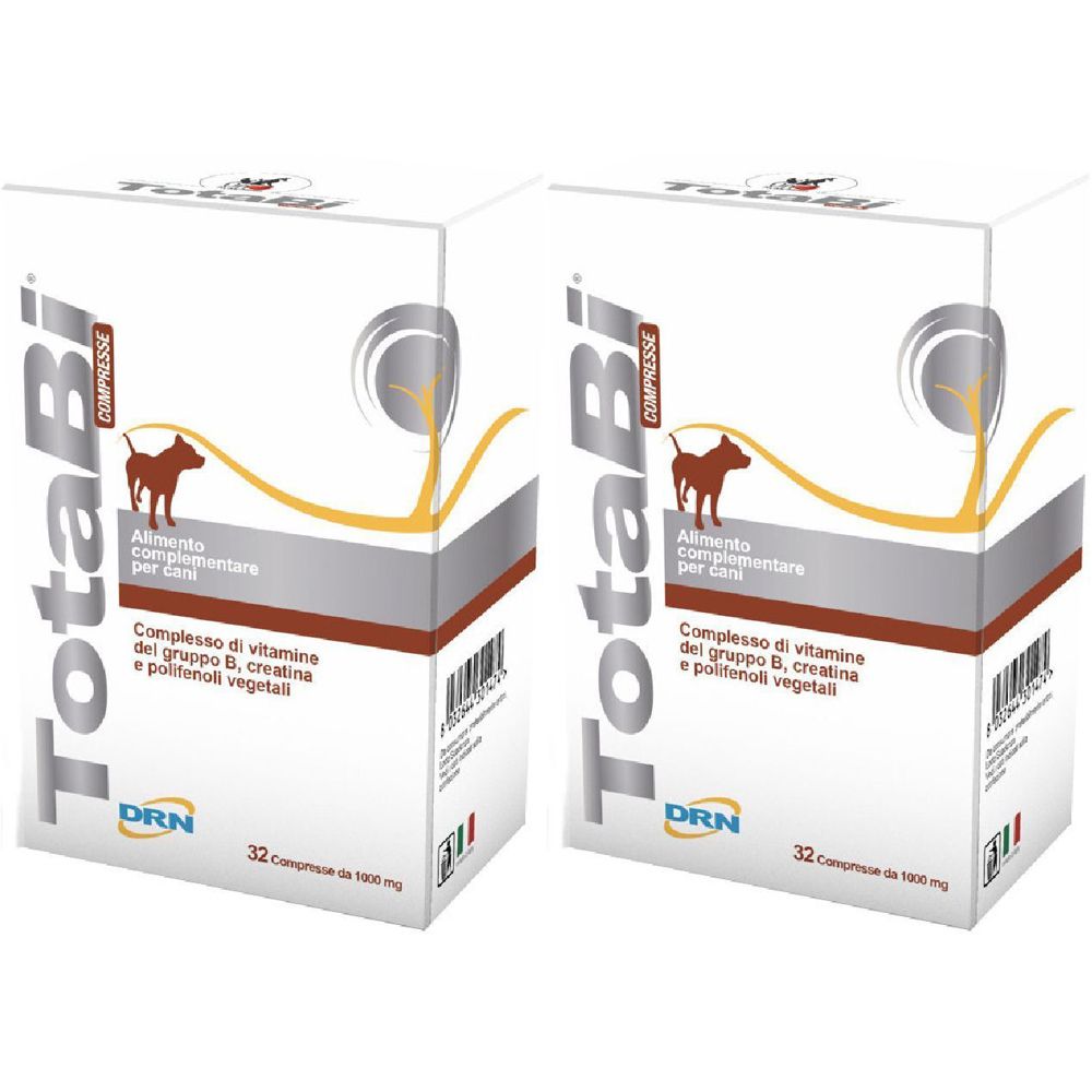 Due scatole bianche "TotaBi COMPRESSE". Testo: "Complesso di vitamine..." e "32 Compresse". Logo DRN. Immagine cane.