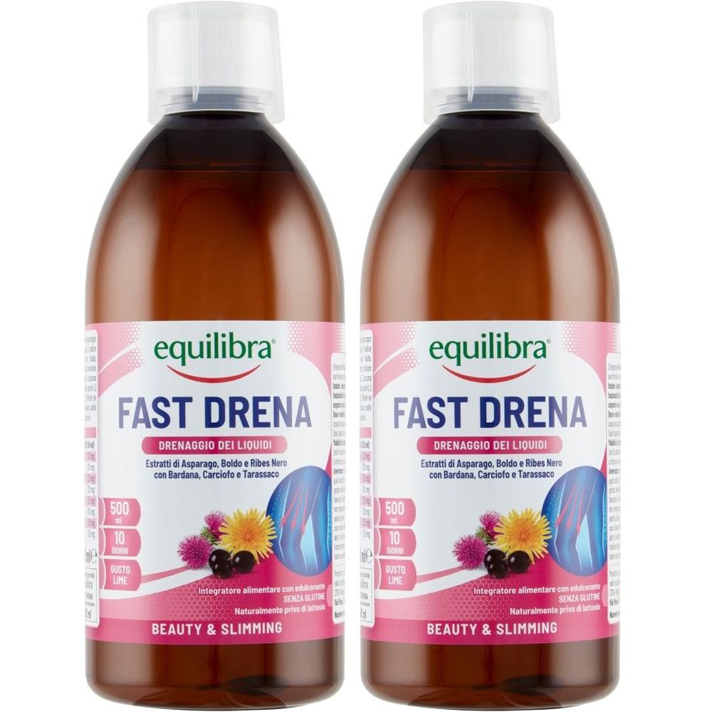 Due bottiglie di Equilibra Fast Drena. Liquido marrone in bottiglie con tappo bianco. Etichetta rosa con nome e logo del prodotto.
