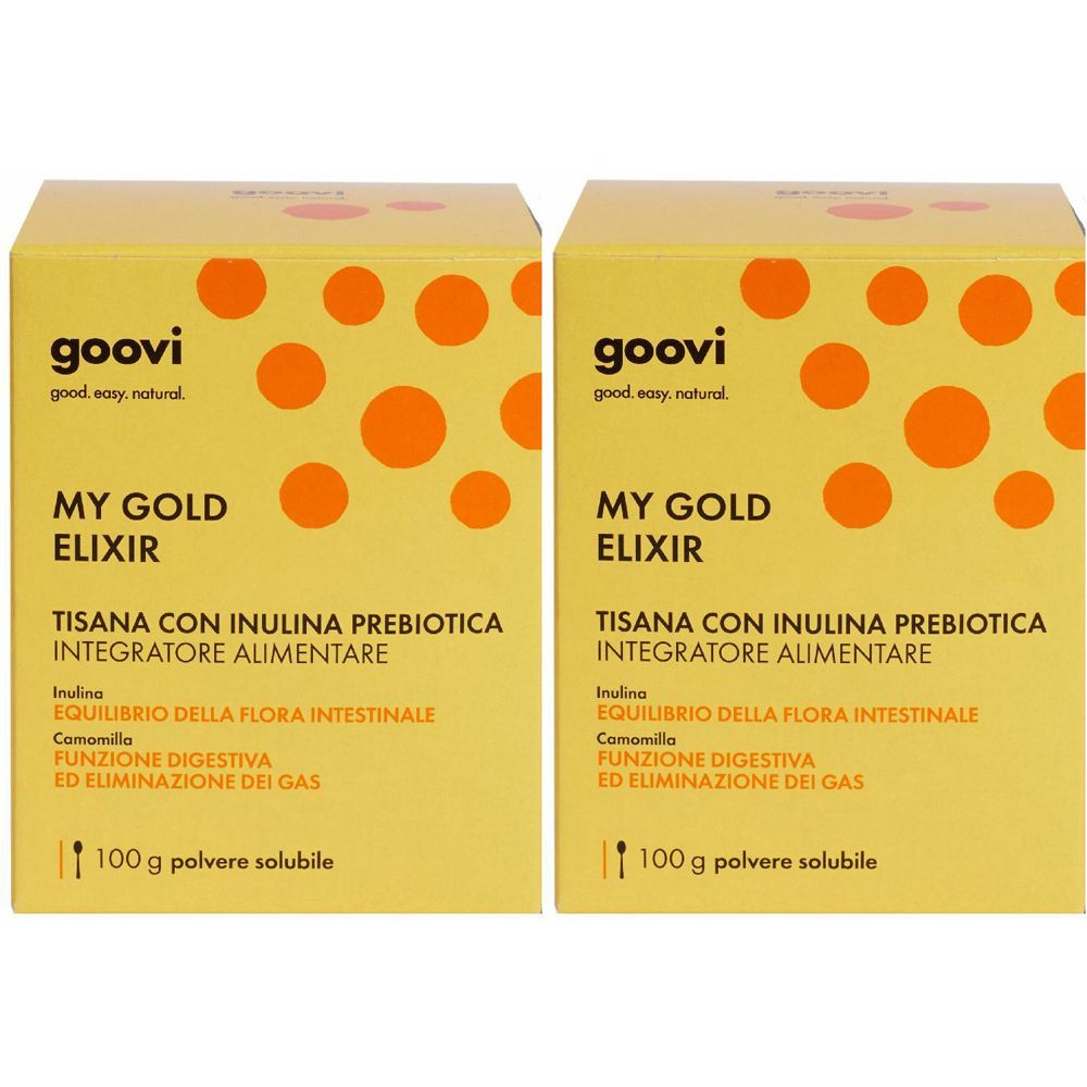 Due scatole gialle con informazioni sul prodotto. Scritta: Goovi, My Gold Elixir, Tisana con Inulina Prebiotica. 100 g di polvere.