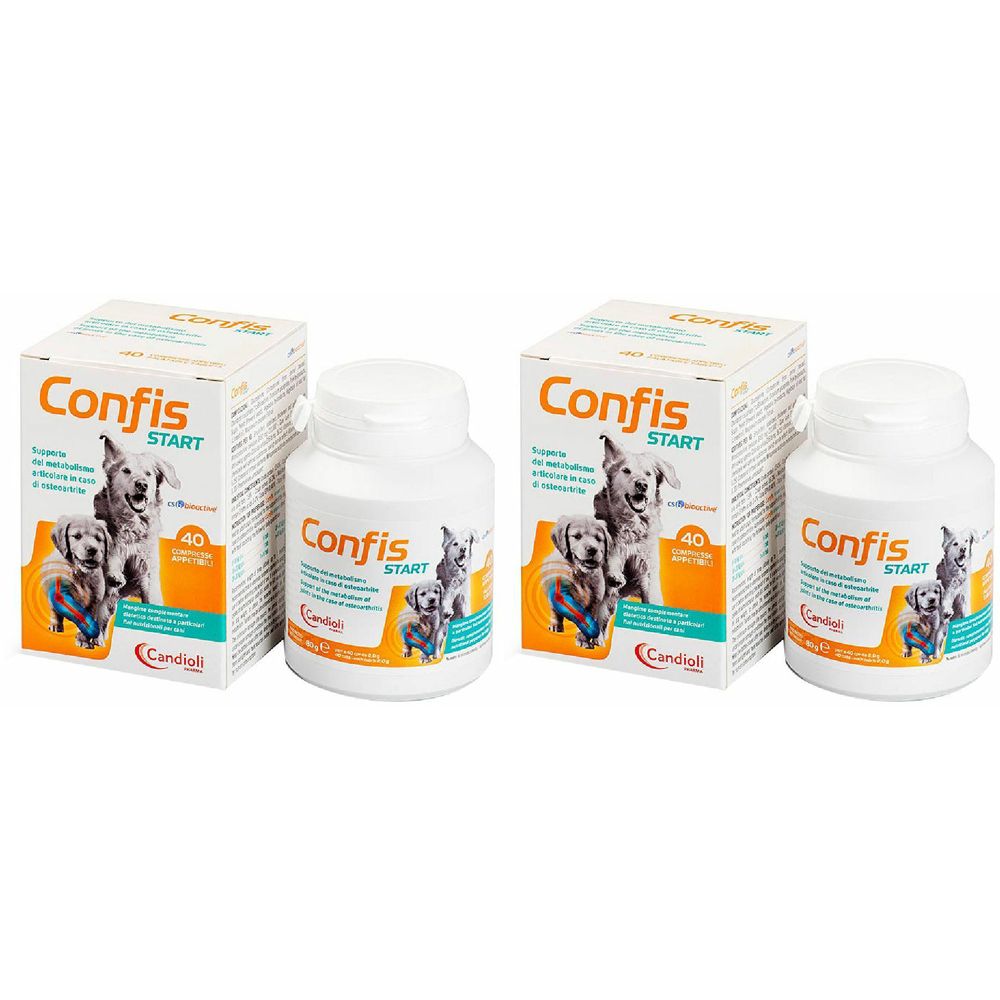 Due flaconi bianchi e due scatole con la scritta "Confis Start". Sulle confezioni sono raffigurati dei cani.