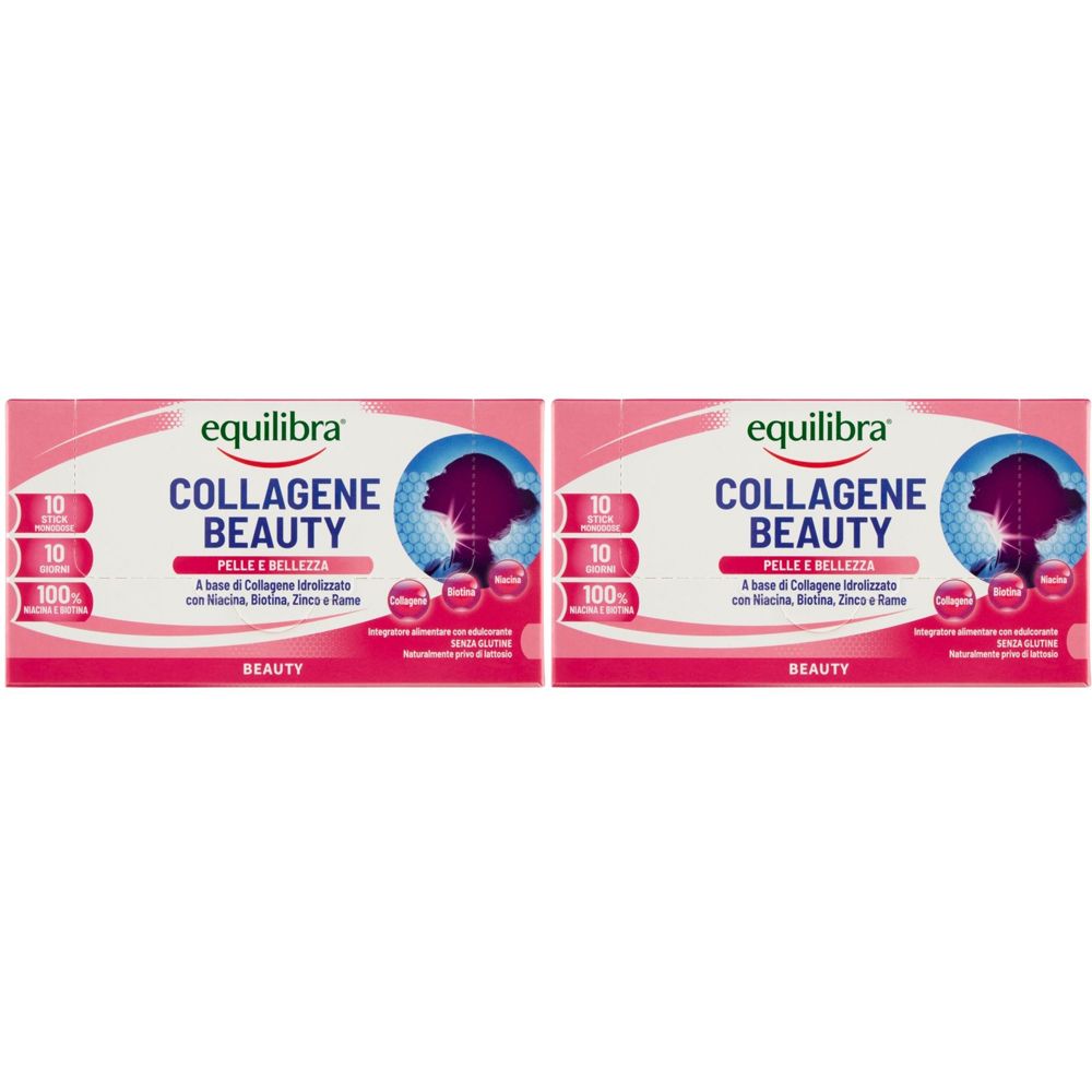 Due confezioni rosa "Equilibra Collagene Beauty". Testo: "Pelle e Bellezza". Contiene 10 bustine. Senza glutine.
