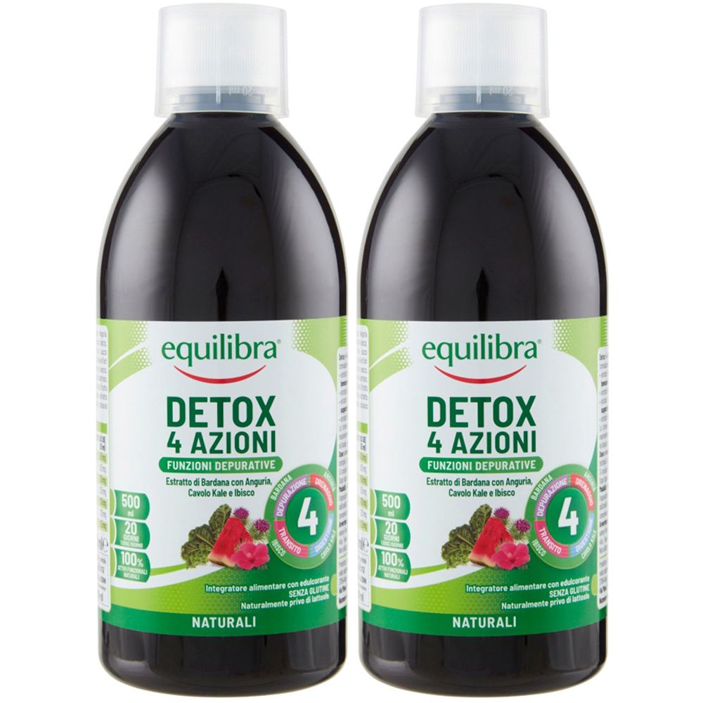 Due bottiglie di liquido. Etichetta: Equilibra Detox 4 Azioni. Etichette verdi e bianche con informazioni.