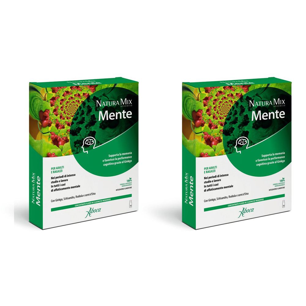 Due scatole verdi con logo "Natura Mix Mente". Scritta in italiano. Logo Aboca in basso.