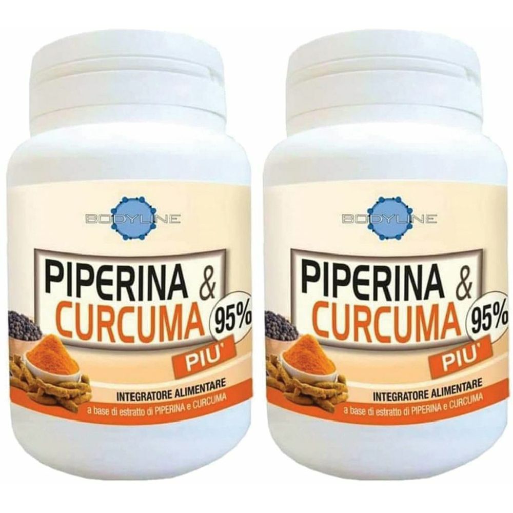 Due flaconi bianchi con etichette. Scritta: Piperina & Curcuma 95%. Integratore alimentare. Marchio: Bodyline.