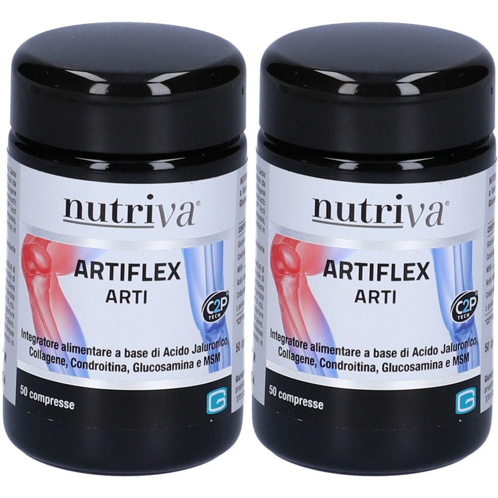 Due barattoli neri con etichetta bianca. Scritta: Nutriva, ARTIFLEX ARTI. Contiene 50 compresse. Con logo C2P e marchio G.
