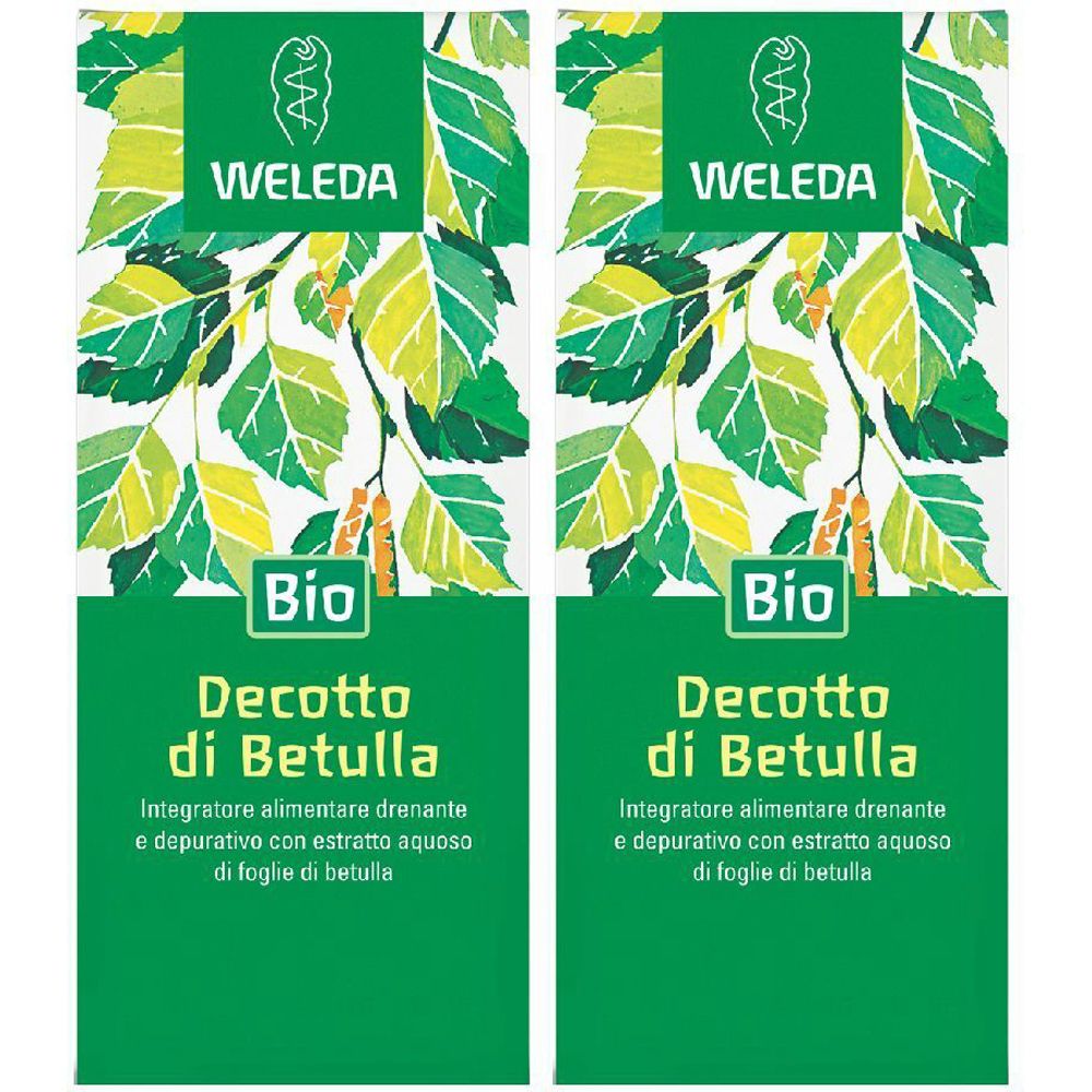 Due confezioni verdi con foglie e testo. In alto "WELEDA", sotto "Bio" e "Decotto di Betulla".