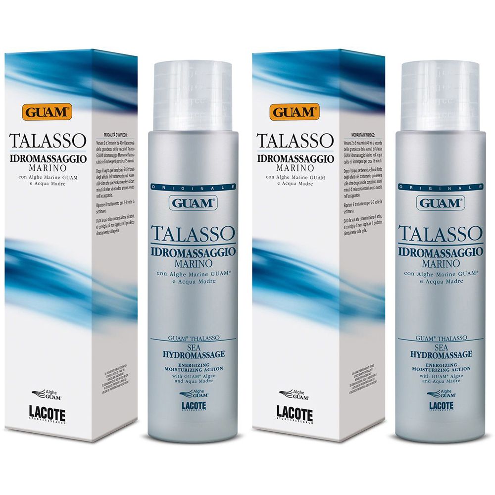Tre flaconi e due confezioni. Scritta: GUAM Talasso Idromassaggio Marino. Confezione blu e bianca.