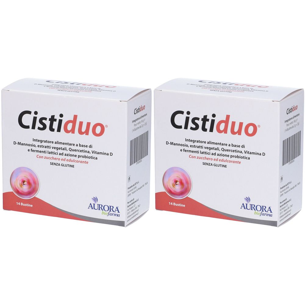 Due scatole bianche "Cistiduo". Scritte: ingredienti, marchio Aurora Biofarma, e "SENZA GLUTINE".