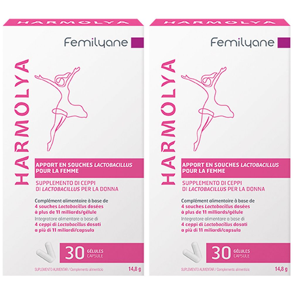 Due confezioni "Femilyane Harmolya". Scritte: "Apport en souches Lactobacillus pour la femme", 30 capsule, 14,8 g. Illustrazione femminile.
