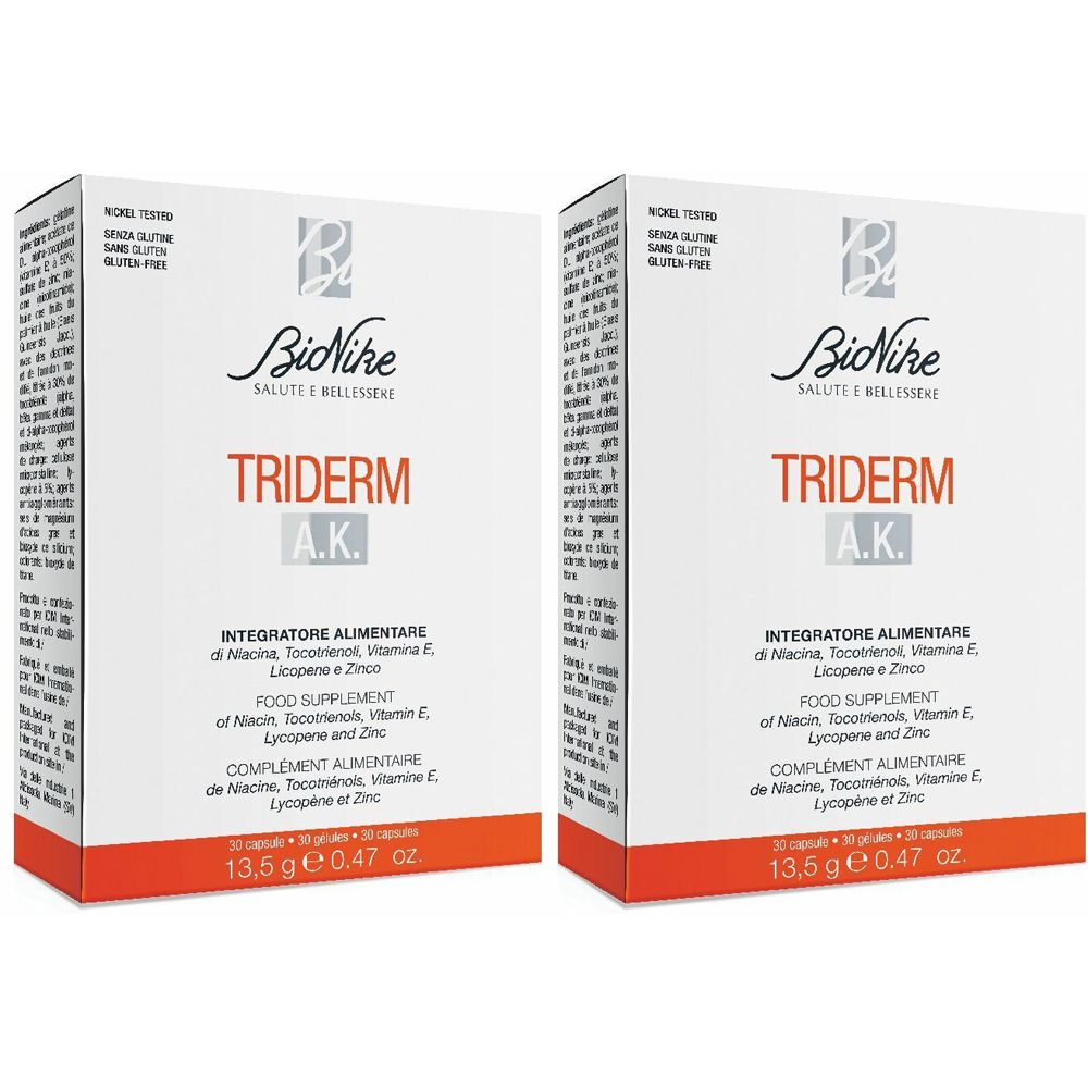 Due scatole bianche con testo rosso. Ogni scatola mostra "TRIDERM A.K." e "BioNike".
