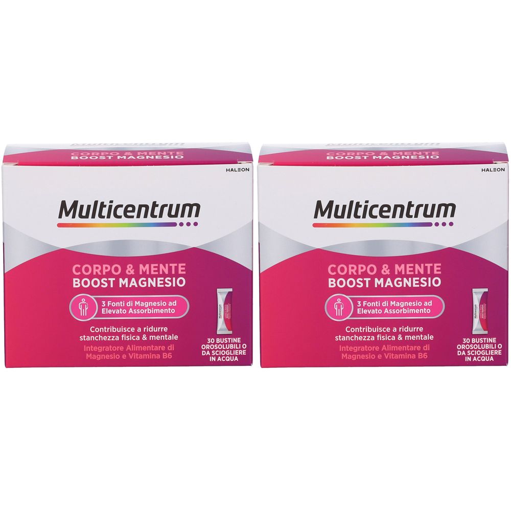 Due confezioni di Multicentrum Corpo & Mente Boost Magnesio. Scatole bianche con dettagli rosa e informazioni sul prodotto.