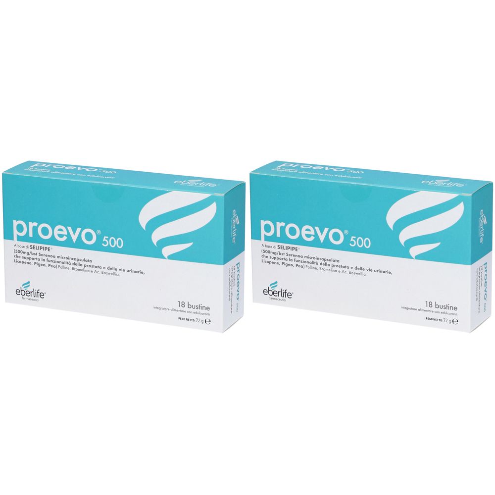 Due scatole "proevo 500". Confezione turchese e bianca con informazioni sul prodotto e 18 bustine.