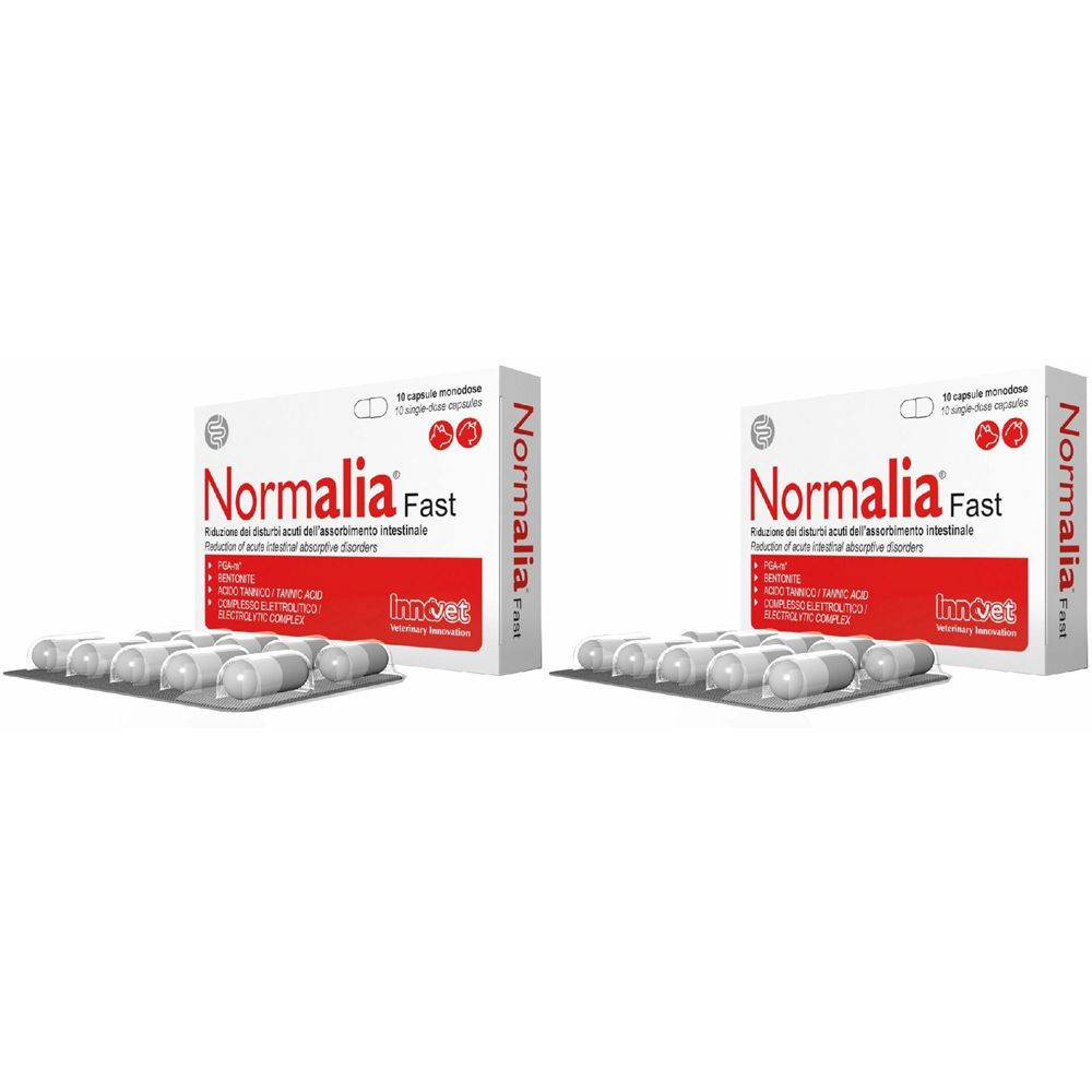 Due confezioni Normalia Fast. Scatole bianche con testo rosso. Blister di capsule davanti.
