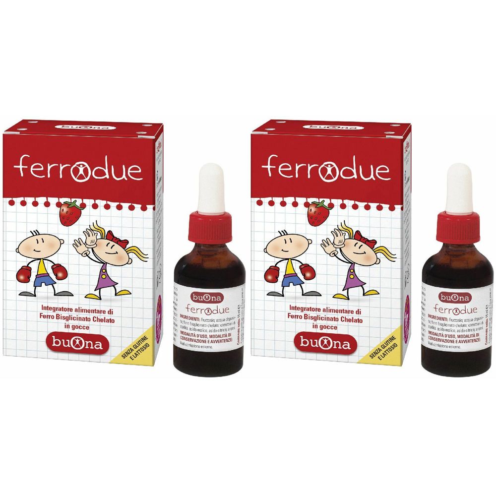 Due flaconi con tappo rosso e contagocce, accanto a due scatole con la scritta "ferrodue" e un disegno infantile.