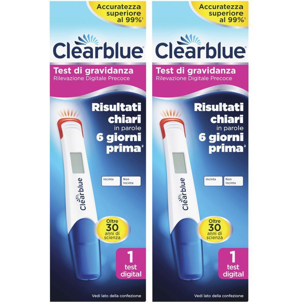 Due confezioni di test di gravidanza Clearblue. Scritta: "Test di gravidanza". Display digitale. Accuratezza superiore al 99%.