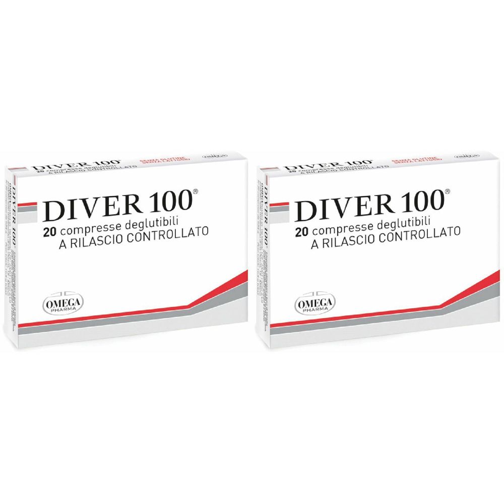 Due scatole bianche con grafica rossa e grigia. Su ogni scatola è scritto "DIVER 100" e "20 compresse deglutibili A RILASCIO CONTROLLATO".