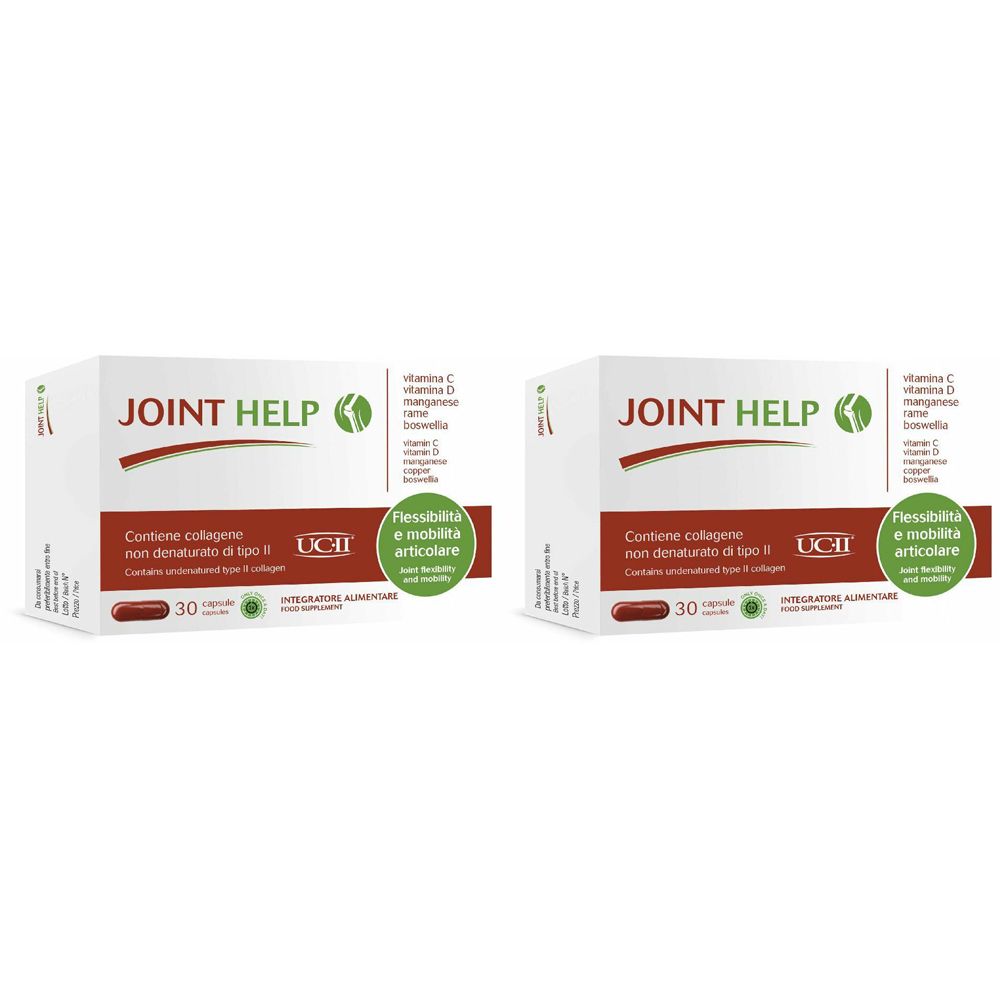 Due scatole con la scritta "JOINT HELP". Le scatole contengono informazioni sugli ingredienti e il numero di capsule.