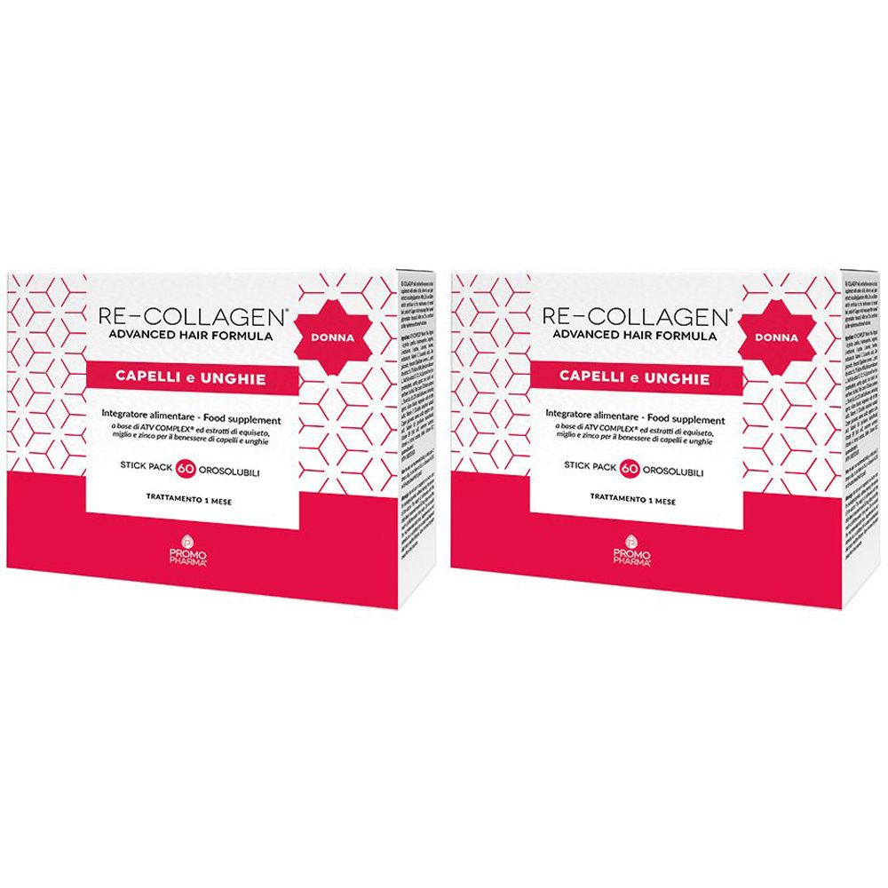 Due confezioni di Re-Collagen Advanced Hair Formula. Scritta: Capelli e Unghie, Donna. Confezione rossa e bianca.