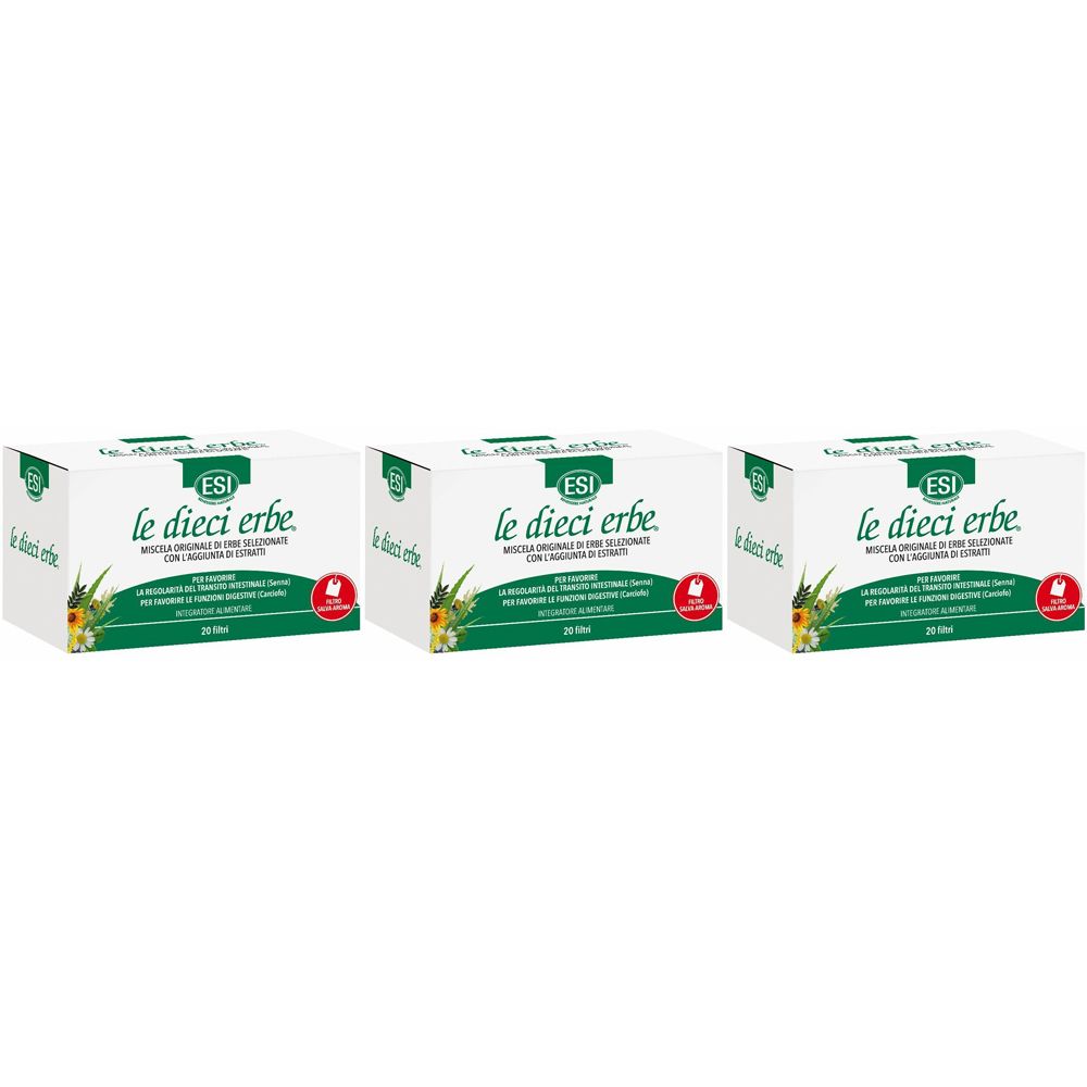 Tre scatole bianche con la scritta "ESI le dieci erbe". Stampe in verde e rosso. Miscela di erbe.