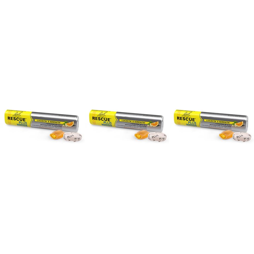 Tre confezioni tubolari giallo-argento con compresse. Il testo "Rescue Plus" è visibile. Due compresse accanto a ogni tubo.