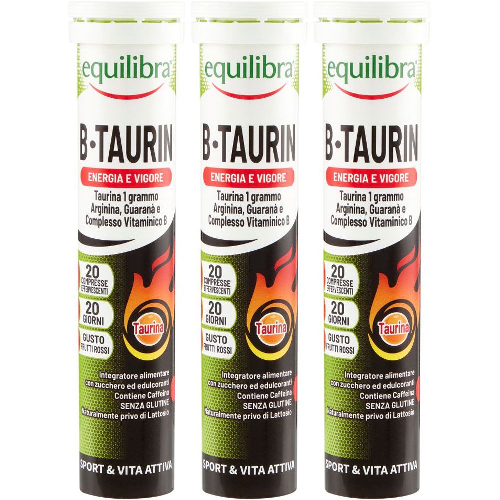 Tre tubi cilindrici Equilibra B-TAURIN. Scritta: Energia e vigore, 20 compresse, gusto frutti rossi. Contiene taurina.