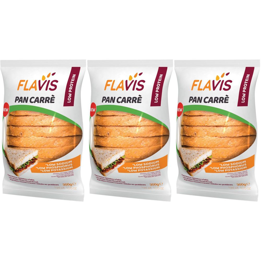 Tre confezioni di pane FLAVIS Pan Carrè, a basso contenuto proteico. Immagine di pane e sandwich. Scritte: Low Sodium, Low Potassium.